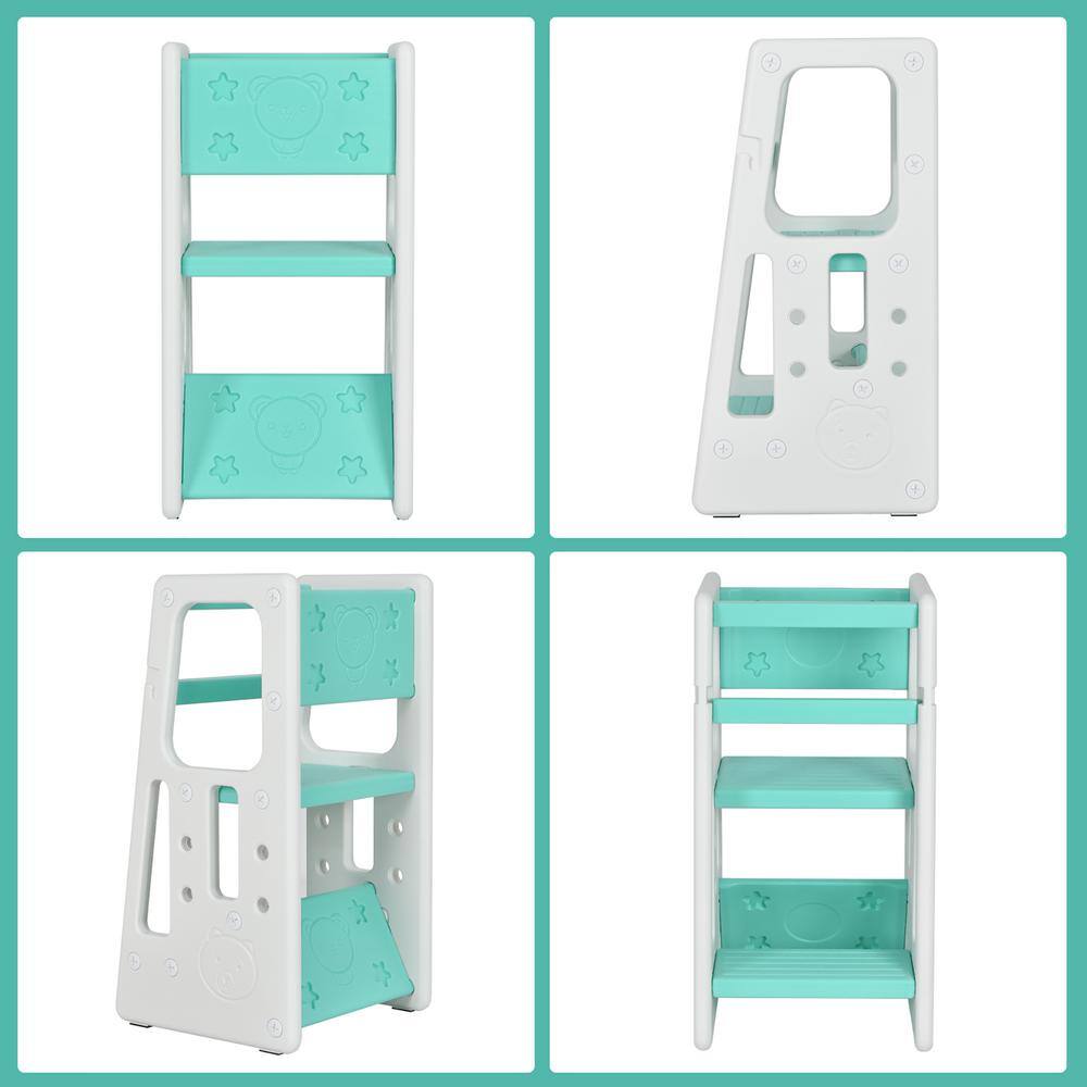 Green and White Toddler Kitchen Helper Step Stool with Safety Features