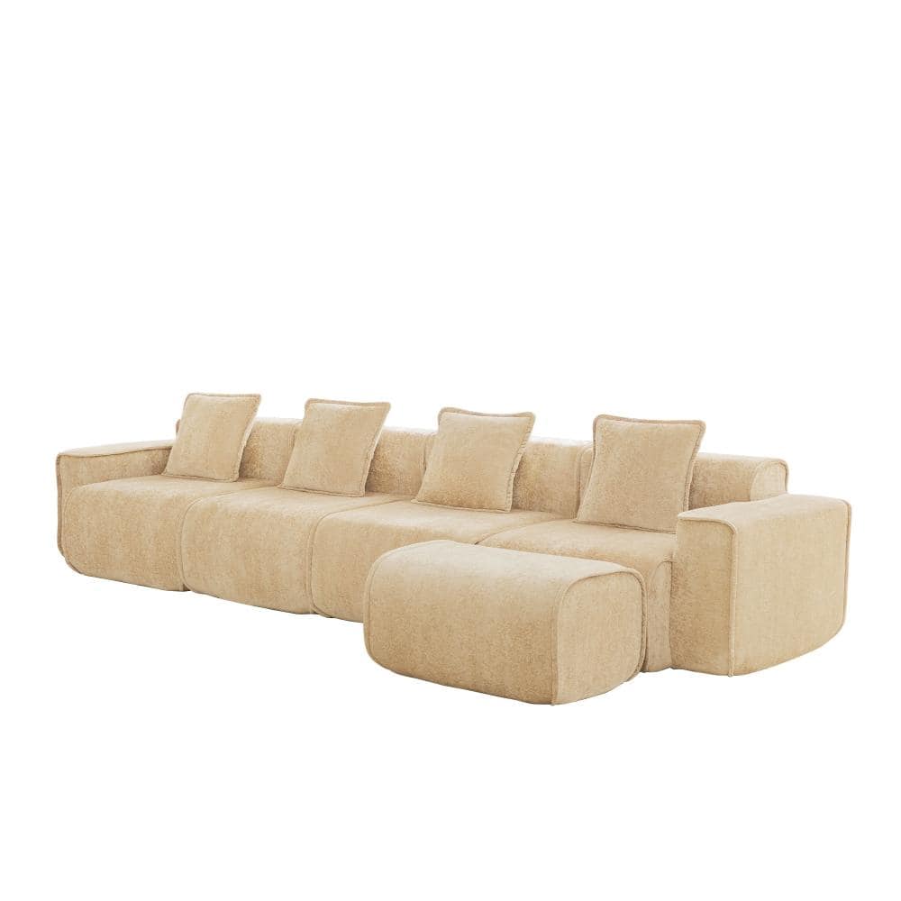 96 in. Armless 4-piece Velvet L-Shape Sectional Sofa with Ottoman, French Edge Piping & Throw Pillows in Light Camel price history on PriceWatchPro