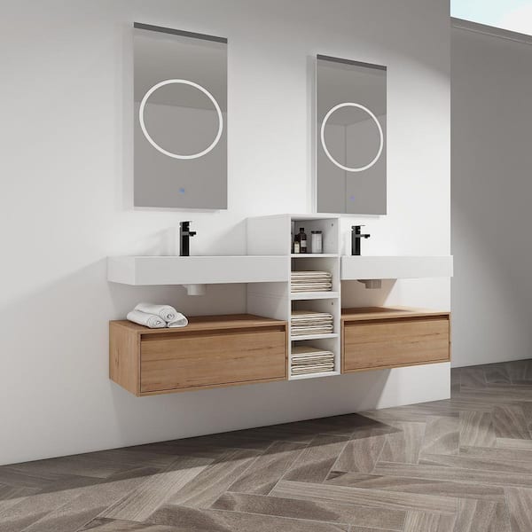 Jacques 72 in. W x 18.1 in. D x 15.8 in. H Floating Bath Vanity in Imitative Oak with White Resin Vanity Top
