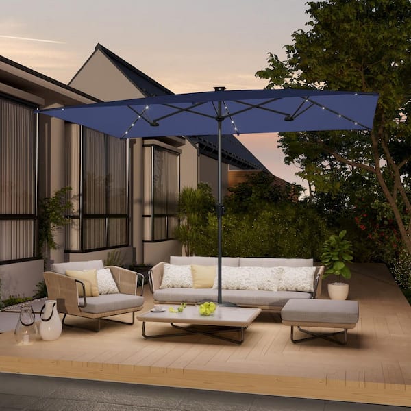JOYESERY 10 x 6.5 ft. Steel Solar-powered Large Double-Sided Rectangular Outdoor Market Patio Umbrella with Crank in Navy Blue