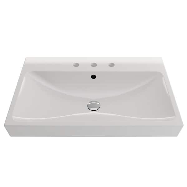 BOCCHI Scala Arch 32 in. 3-Hole White Fireclay Rectangular Wall-Mounted Bathroom Sink