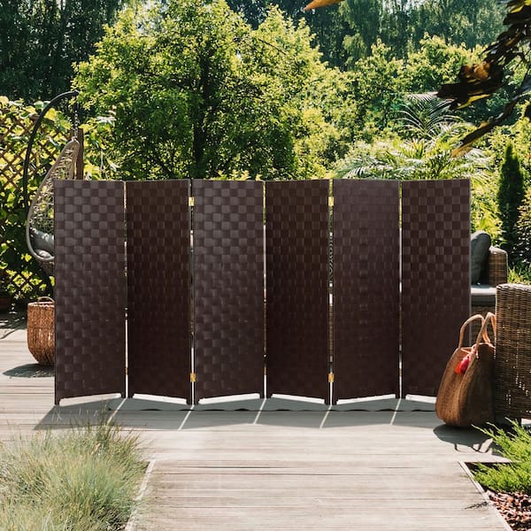 Oriental Furniture 4 ft. Short Woven Fiber Outdoor All Weather Folding Screen - 6 Panel - Dark Brown