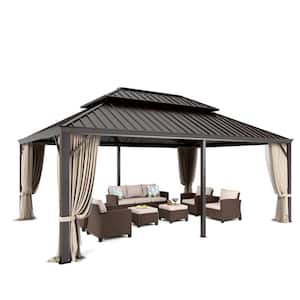 14 ft. x 20 ft. Gakvanized Steel Hardtop Gazebo With Mosquito Net and Privacy Curtain
