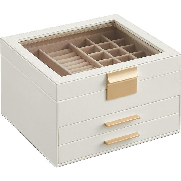 Afoxsos 9.1 x 8 x 5.3 in. Cloud White MDF Jewelry Box with Glass Lid, 3-Layer Organizer, 2 Drawer, for Big and Small Jewelry