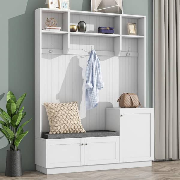 White Elegant Design Hall Tree Functional Hallway Shoe Cabinet