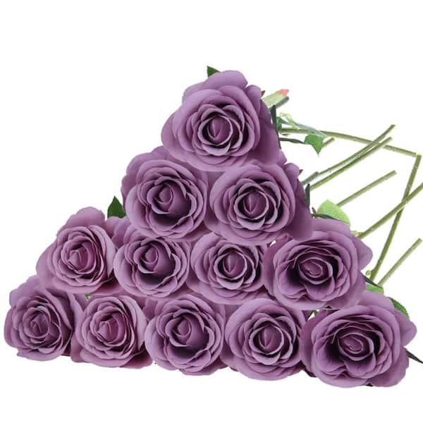 12 Pack Light Purple Roses Artificial Silk Flowers,Realistic Fake Roses Bouquet with Short Bendable Stems