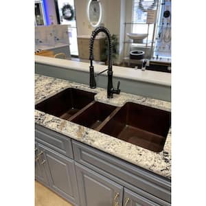 Under Counter/Surface-Mount Hammered Copper 42 in. 0-Hole Triple Bowl Kitchen Sink in Oil Rubbed Bronze
