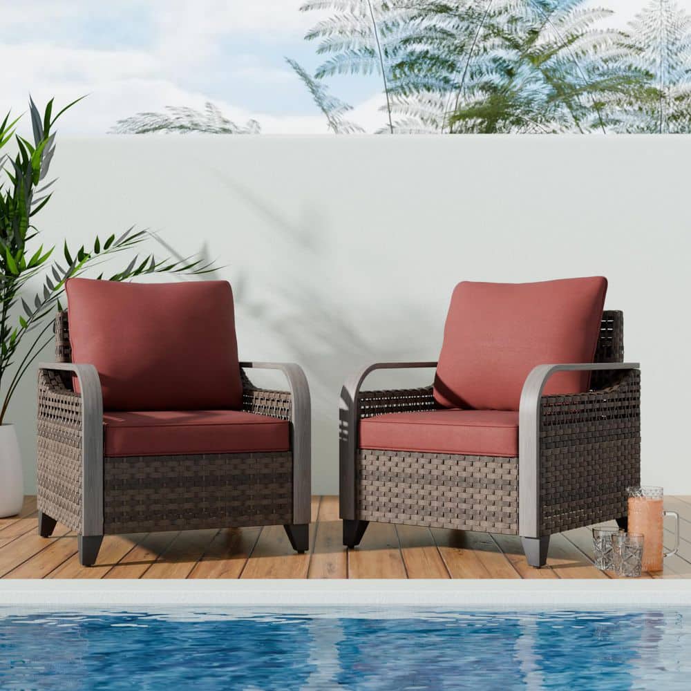 Brown Wicker Outdoor Lounge Chair Patio Dining Chair with Red Cushions (2-Pack) price history on PriceWatchPro