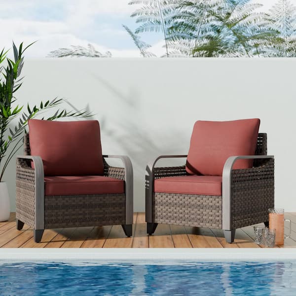 Brown Wicker Outdoor Lounge Chair Patio Dining Chair with Red Cushions (2-Pack)