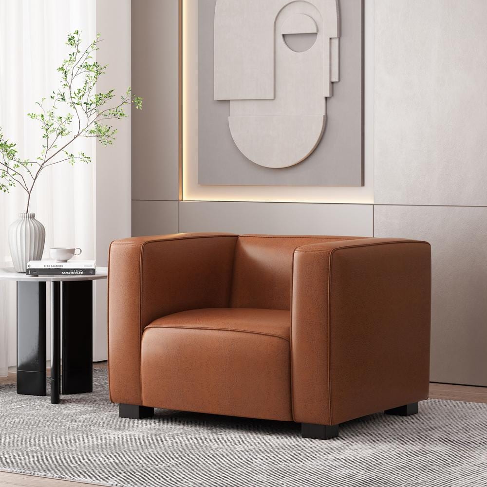 Cognac Brown Square Arm Faux Leather Club Chair with Dark Walnut Wood Legs