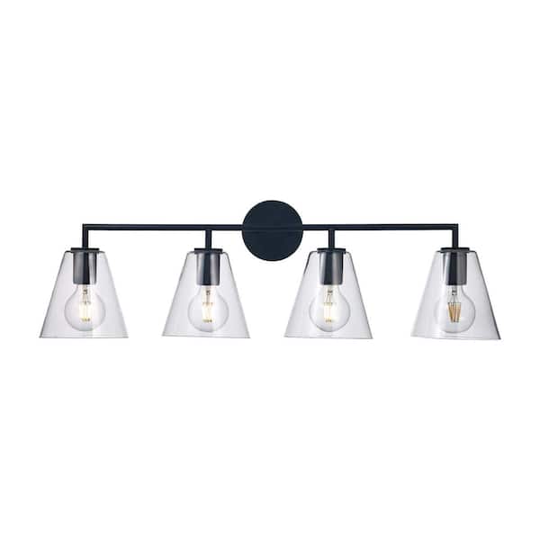 Bel Air Lighting Kennedy 34.5 in. 4-Light Black Bathroom Vanity Light Fixture with Clear Glass Shades