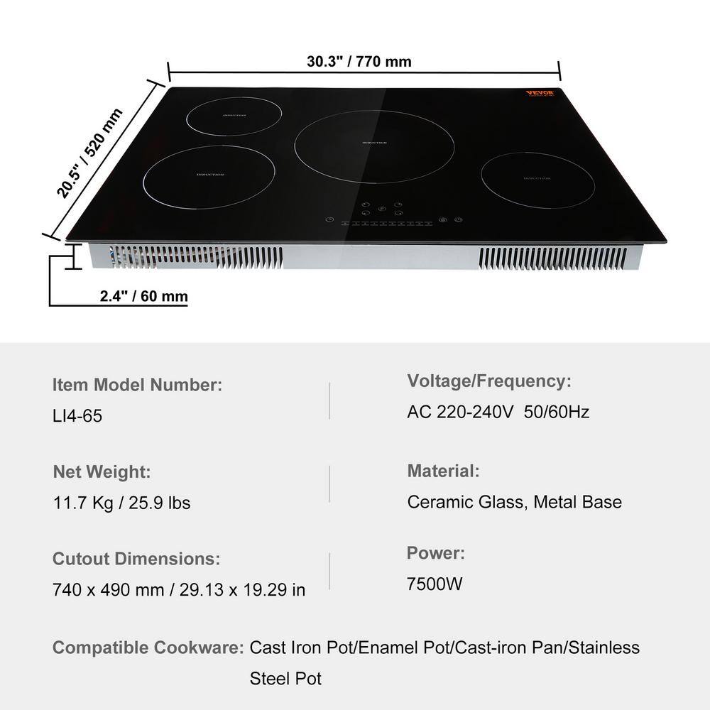 VEVOR 30'' Black Stainless Steel 4 Burner Induction Cooktop
