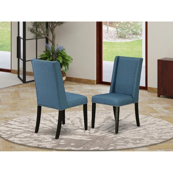East West Furniture Black, Parson Chairs - Nailhead Trim Blue Linen Fabric Upholstered Dining Chairs, Set Of 2