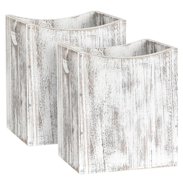 Oumilen 5.3 gal. Rustic Wood Trash Can Wastebasket with Handles, White-Brown, Set of 2