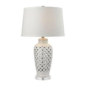Openwork 27 in. White Ceramic Table Lamp with White Shade
