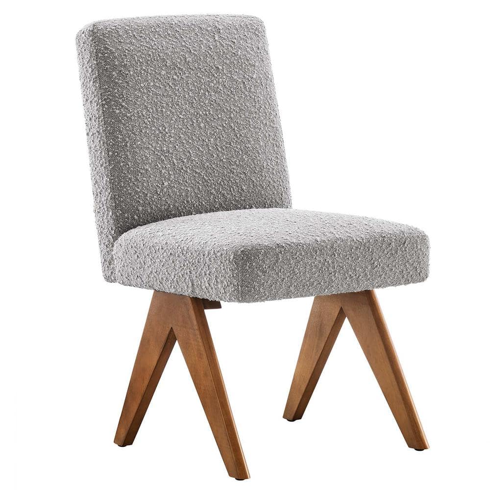 Light Gray Boucle Upholstered Side Chair with Wood Legs