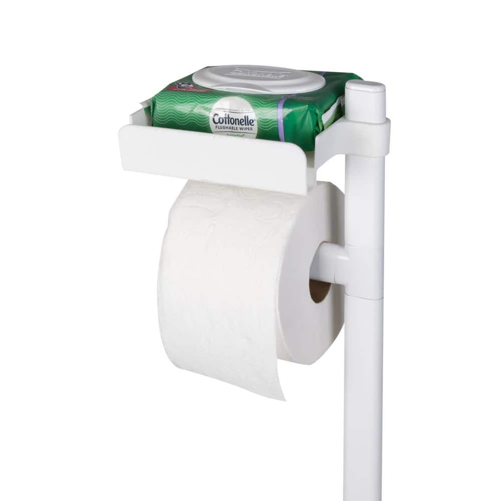 White Freestanding 3-in-1 Toilet Paper Holder with Adjustable Shelf