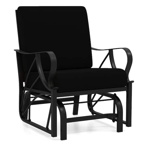 Metal Outdoor Glider Chair Smooth Rocking Single Chair with Thick Black Cushions and Heavy-Duty Metal Frame