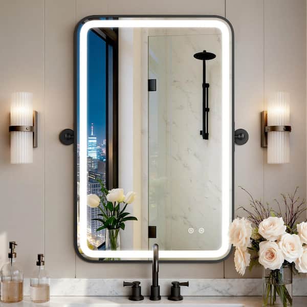 23 in. W x 35 in. H Rounded Rectangular Black Framed LED Lighted Antifog Tilt Pivot Wall Mount Bathroom Vanity Mirror