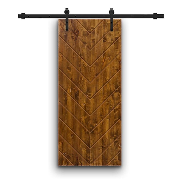 CALHOME Herringbone 36 in. x 80 in. Fully Assembled Solid Core Walnut Stained Wood Modern Sliding Barn Door with Hardware Kit