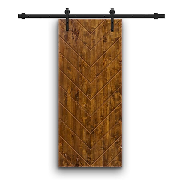 CALHOME Herringbone 30 in. x 96 in. Fully Assembled Solid Core Walnut Stained Wood Modern Sliding Barn Door with Hardware Kit