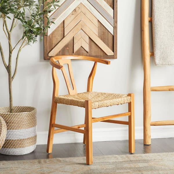 Litton Lane Brown Handmade Teak Wood Dining Chair with Woven Seagrass Seat 042025