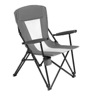 Grey Metal Folding Lawn Chair, Camping Arm Chair, Folding Camping Chair for Picnic, with Cup Holder and Carry Bag
