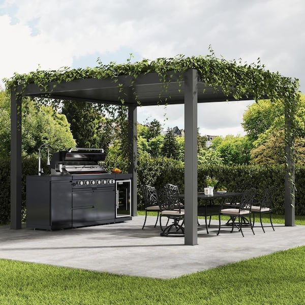 6-Burner Propane Gas Outdoor Kitchen Grill Island in Black, with Wine Cooler, Compact Refrigerator, Rotisserie kit