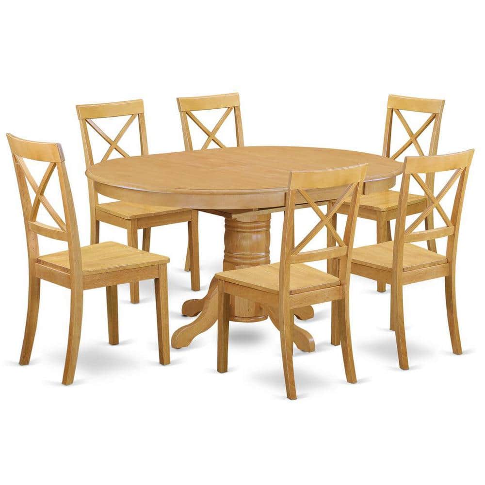 Oak Finish Round Dining Table Set with 6 Chairs