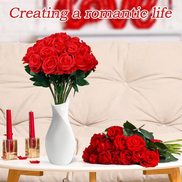 20 in. Red Outdoor Artificial Rose Plastic Flower for Home