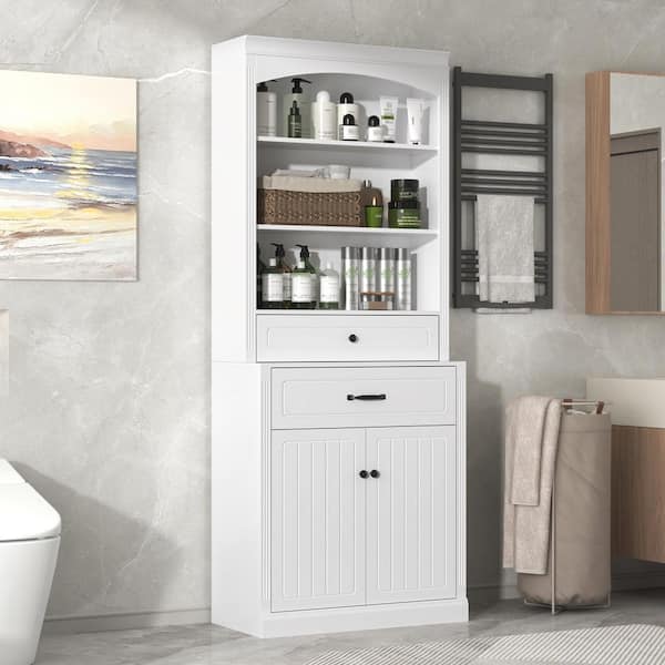 31.5 in. W x 10.8 in. D x 78.7 in. H White Linen Cabinet with Drawers and Adjustable Shelf