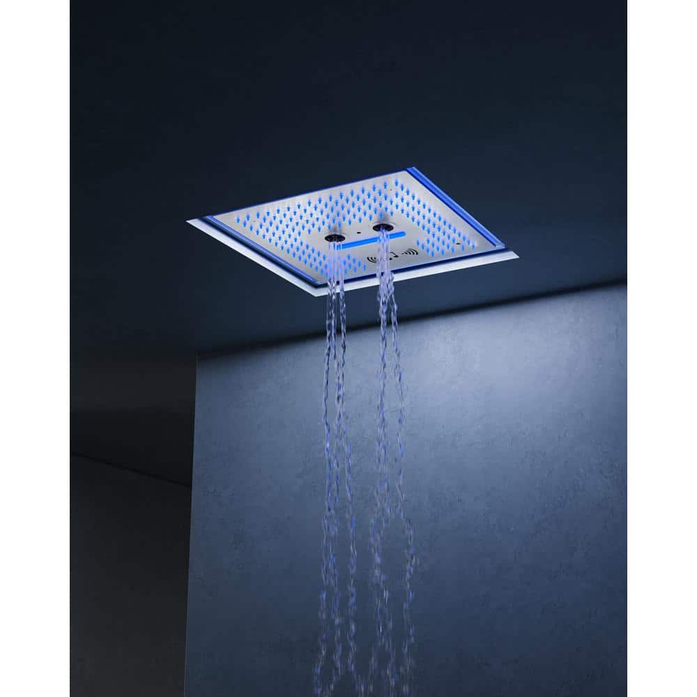 Brushed Nickel LED Thermostatic Dual Showerheads with Bluetooth Speaker