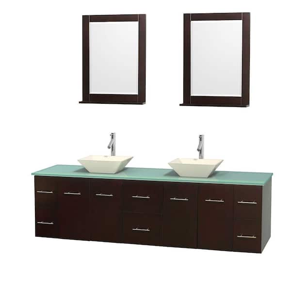 Wyndham Collection Centra 80 in. Double Vanity in Espresso with Glass Vanity Top in Green, Bone Porcelain Sinks and 24 in. Mirrors