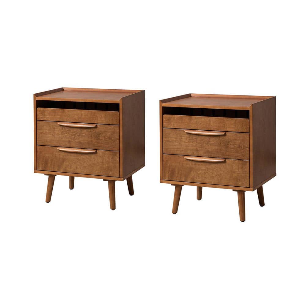 Kate Walnut Mid-century Style 3-Drawer 24 in. W Nightstand with Solid Wood Legs Set of 2 - thumbnail 9