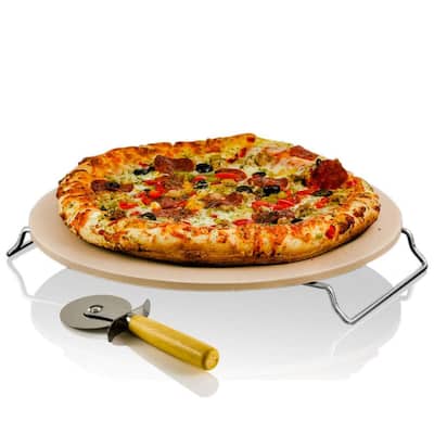 Ceramic Pizza Stone, 13 Thermal Shock Resistance Multi-Purpose Rack/Handle Free Pizza Cutter Wheel