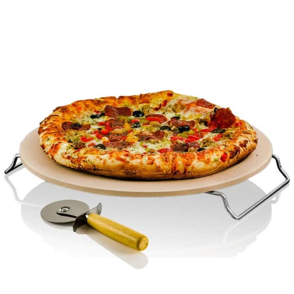 OVENTE Ceramic Pizza Stone, 13 Thermal Shock Resistance Multi-Purpose Rack/Handle Free Pizza Cutter Wheel