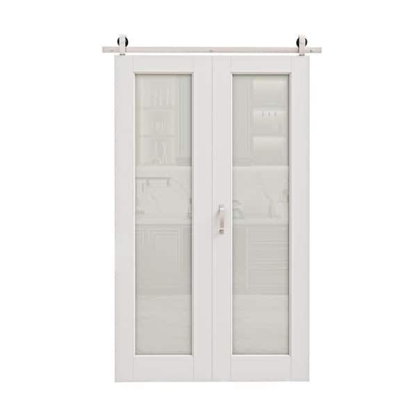 ARK DESIGN 48 in. x 96 in. 1-Lite Tempered Frosted Glass White Primed MDF Bifold Sliding Barn Door with Hardware Kit Nickle