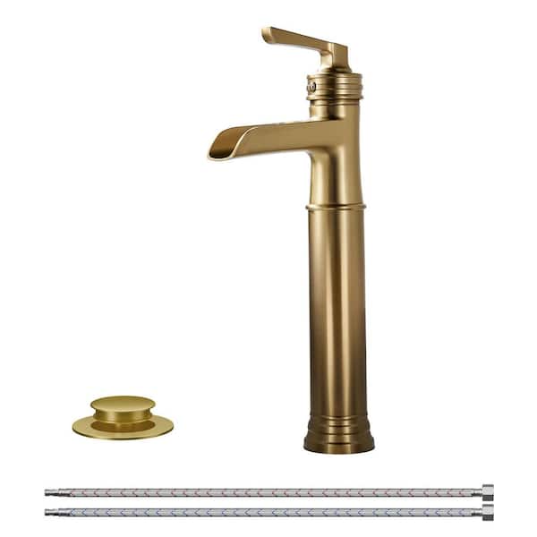 Single-Handle Single Hole Waterfall Bathroom Faucet with Pop-Up Drain in Gold