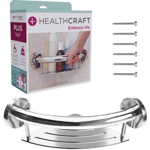 HEALTHCRAFT PLUS, 9 .5 in. Concealed Screw Grab Bar And Corner Shelf, 2-In-1 Decorative Grab Bar ADA Compliant in Polished Chrome
