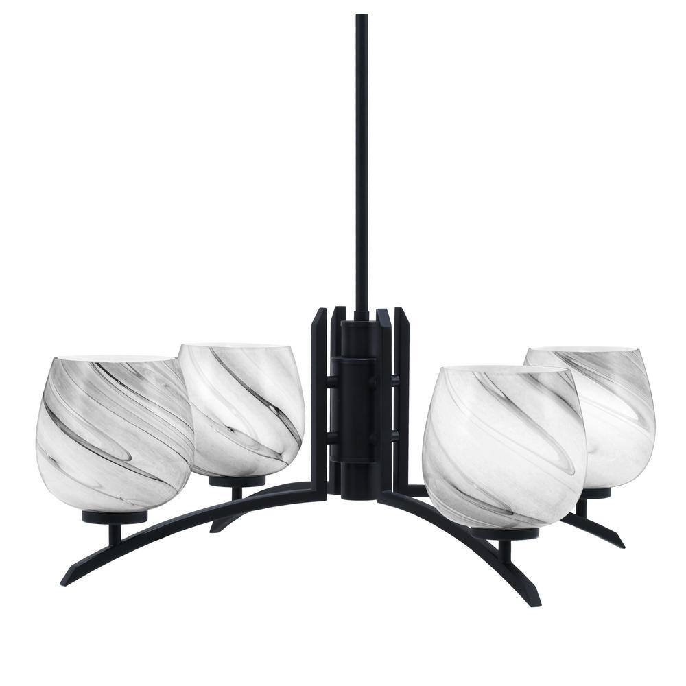 Siena 27.5 in. 4 Light Matte Black Chandelier with Onyx Swirl Glass Shades