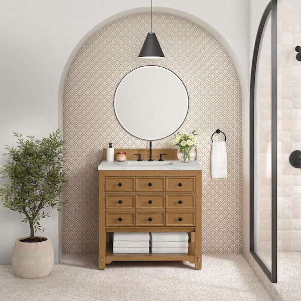 James Martin Vanities Malibu 36.0 in. W x 23.5 in. D x 35.98 in. H Single Bath Vanity in Amber Birch with Victorian Silver Quartz Top