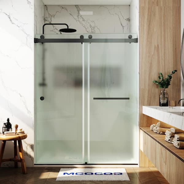 MCOCOD 56-61 in. W x 79 in. H Double Sliding Frameless Smooth Sliding Shower Door in Matte Black with 3/8 in. Frosted Glass