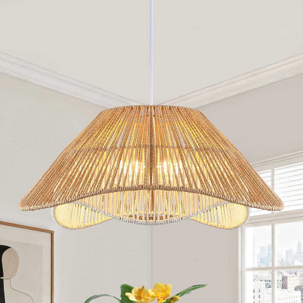 ZSMIHDOH 3-Light White and Brown Boho Hand-Woven Natural Rattan Pendant ...