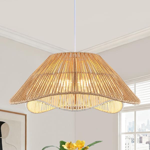 ZSMIHDOH 3-Light White and Brown Boho Hand-Woven Natural Rattan Pendant ...