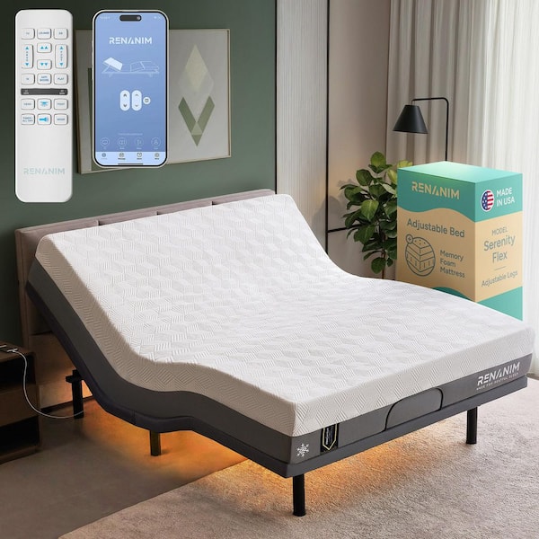Gray California King Adjustable Bed Frame with 12 in. Cooling Gel Memory Mattress, Massage, USB, Under-Bed Light, Remote