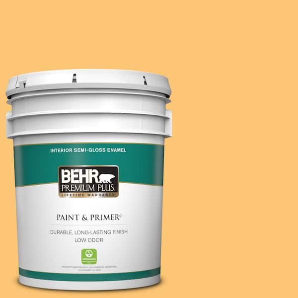 BEHR PREMIUM PLUS 5 gal. #BIC-42 Liquid Gold Semi-Gloss Enamel Low Odor Interior Paint & Primer