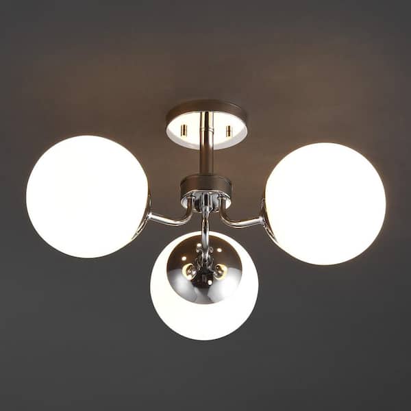 Olivier 23.5 in. 3-Light Bohemian Farmhouse Iron/Frosted Glass LED Semi Flush Mount, Chrome