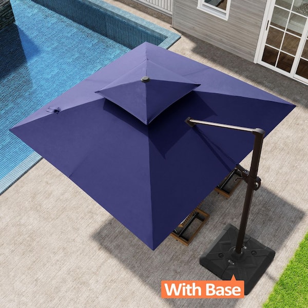 Pellebant Double Top 10 ft. x 10 ft. Aluminum 360° Rotation Cantilever Patio Umbrella in Navy Blue with 220 lbs. Umbrella Base