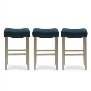 Jameson 29 in Bar Height Antique Gray Wood Backless Nail Head Trim Barstool with Navy Blue Linen Saddle Seat (Set of 3)
