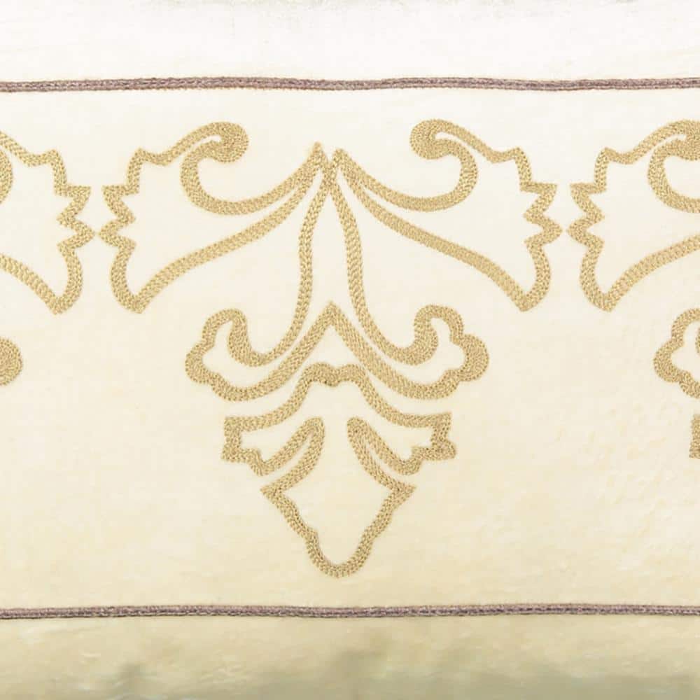 Cream Embroidered Faux Velvet Rectangular Throw Pillow